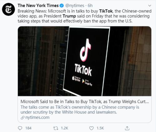 昨夜无眠，特朗普下死手，抖音终于屈服:同意卖掉TikTok美国业务！微软接盘？